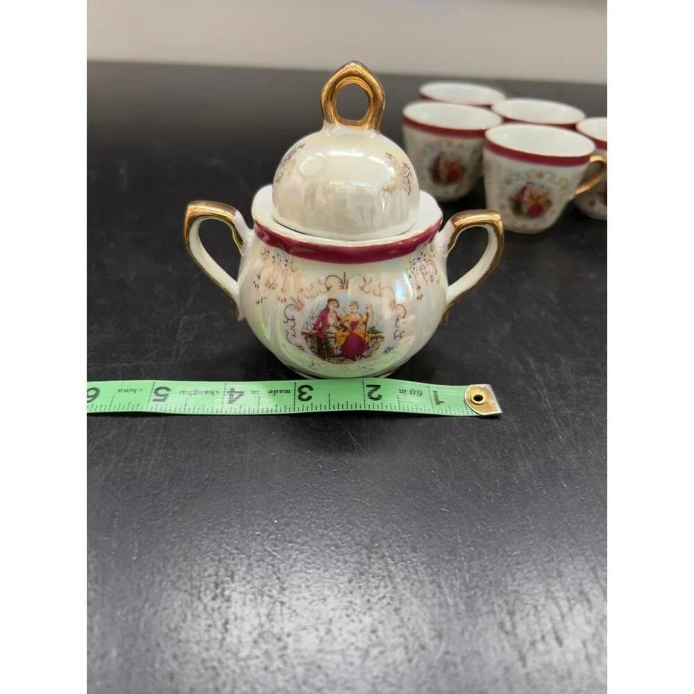 Vintage Italian Lusterware Tea Set Courting Couple‎ Burgundy Gold 8pc OS